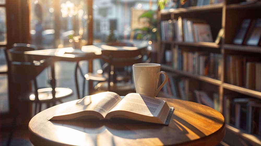 404 Aufgeschlagenes Buch mit Plot Twist und eine Kaffee Tasse im Velvet Ink